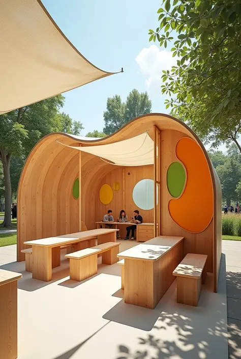  removable wooden design so that it can be set up in various outdoor places for ren in primary colors and organic shapes. The ceiling is a translucent fabric ,  on the floor with a paper for drawing and painting . tables and benches in geometric shapes in ...