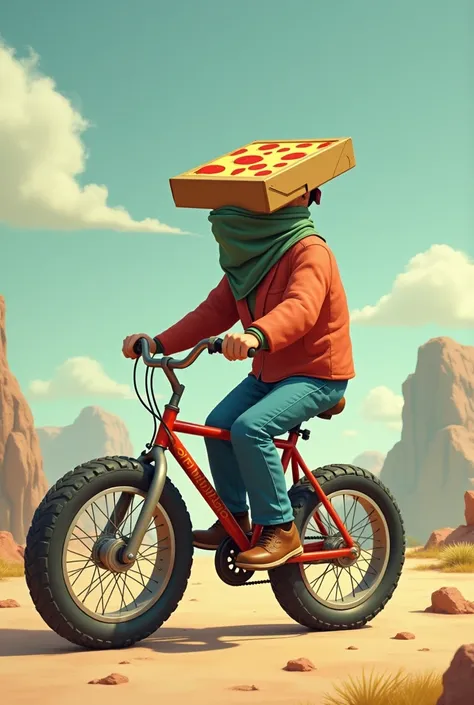  Rogelio is a man , He has a hat  ( it has to be the box of a pizza )  he rides his bicycle that has to have A square wheel , And Rogelio has a layer that is a face blanket 
Create an image referring to this: the bike wheel has to be in the shape of a cube...