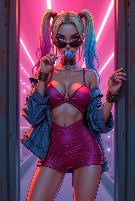 high quality illustration of a cocky confident woman, Harley Quinn licks a lollipop  ,   bright neon colors , cool sunglasses ,  70s style low neckline short dress , sandals, Orihime, illustration,  looks at the viewer, praise, full-length in a beautiful .