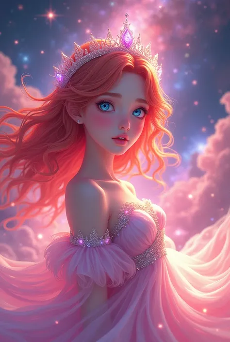  Girl with vibrant red hair ,  blue eyes , crown of the universe ,  and a vibrant dress, in a pink galaxy ,  anime style 