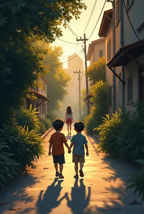 Two young boys walking down a narrow street in the evening, holding hands. Their mother follows at a distance, staying hidden behind trees and bushes.