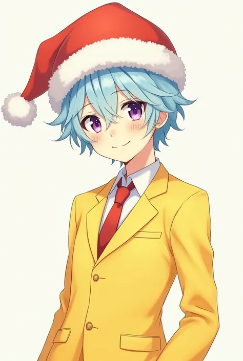 Create an anime boy with light blue hair ,  yellow suit and a Christmas hat on his head