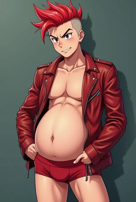 anime angry young pregnant guy of  with a big pregnant belly showing off his belly, pregnant teen boy! white, front pose, pregnant of nine months!!, belly round and cool,wearing a red leather jacket, handsome anime pose bare belly, his belly is front, bell...