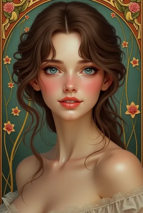 1girl, Smile, Blue eyes, Brown Hair, Best Quality, Anatomically Correct, Makeup, Tearing Up, ((by alfons mucha style))