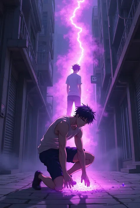 create an image of an anime man who is picking up a pendant from the ground. As he picks up this pendant a purple light engulfs him and transports him to an alleyway 