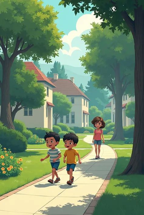 A quiet suburban area with parks and big trees. Two young boys walking briskly past these areas, while their mother follows stealthily from a distance."