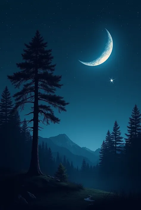 Realistic star below the crescent moon night star tree and fir that side 