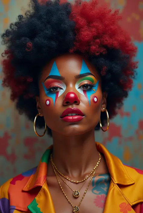 Megan The Stallion with a clown makeup and a colorful afro