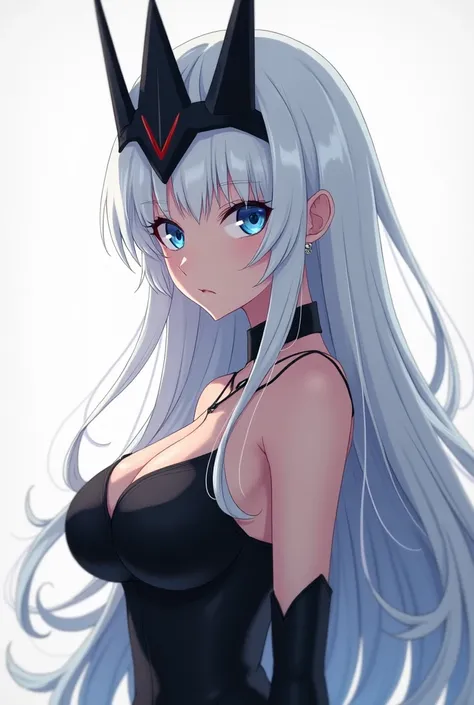 A girl with long white hair blue eyes in serious profile looking at the viewer with a big black crown slim voluptuous body big breasts anime manga style 