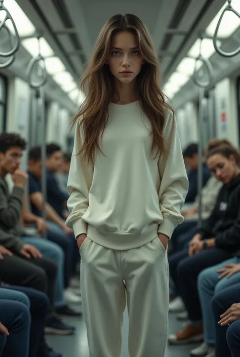 16-year-old girl with brown hair, blue eyes and white sweatpants with white shoes standing on the train 