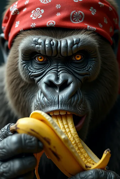 rich older woman, arrogant, who is self a gorilla eating a banana and wearing a bandana on her head, close up shoot