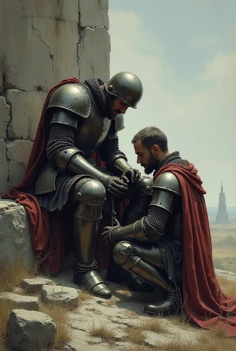  Two medieval knights in ancient painting style . One is with his head down as if decayed with worn armor, and the other is nearby, holding him by the shoulder and remaining as a strength for him., both sitting on a rock of greyish and desolate countryside...