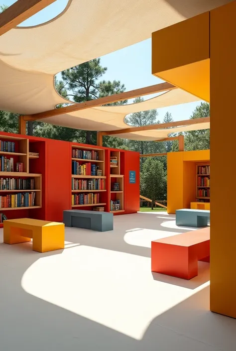 outdoor library without walls ,  with geometric tables and geometric benches that hold books in primary colors. The ceiling is made of fabric and suspended by wooden beams .  the floor has a large white paper that is used for drawing and painting ren up to...