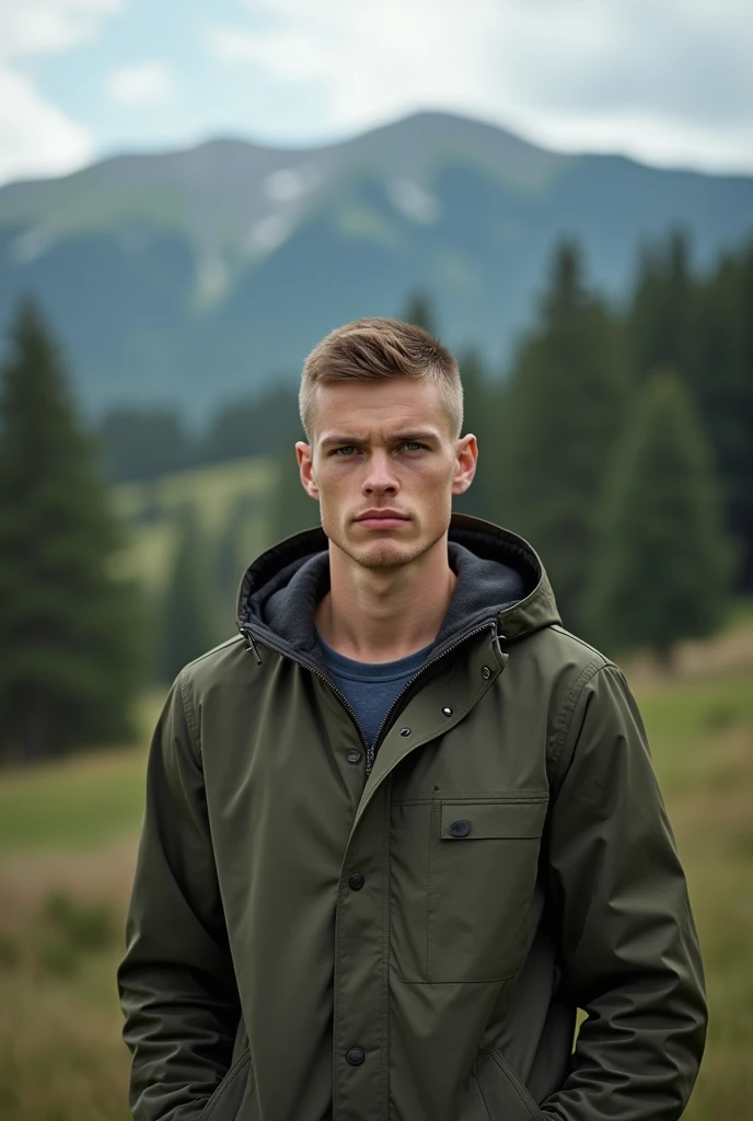 Photo shoot of a 23-year-old ,  of European appearance,  with very short hair ,  Tight physique , against the background of Russian nature, close up, in a windbreaker