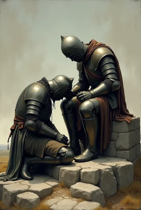  Two medieval knights in ancient painting style . One is with his head down as if decayed with worn armor, and the other is nearby, holding him by the shoulder and remaining as a strength for him., both sitting on a rock of greyish and desolate countryside...