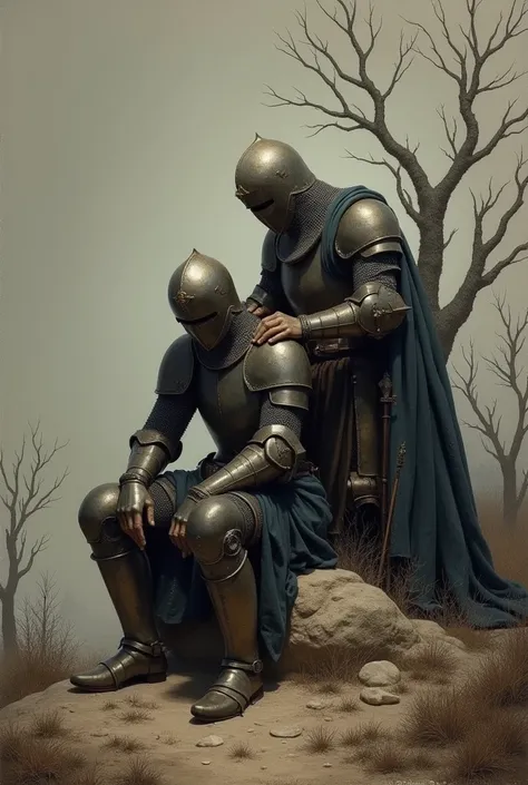  Two medieval knights in ancient painting style . One is with his head down as if decayed with worn armor, and the other is nearby, holding him by the shoulder and remaining as a strength for him., both sitting on a rock with a greyish and desolate landsca...