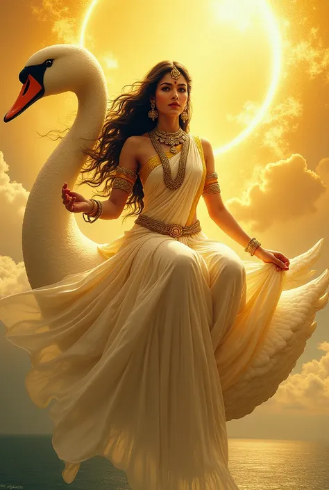 "A stunning depiction of Goddess Brahmani, the beautiful goddess from the Sapthamatrikas, rendered in radiant yellow color. She is wearing an exquisite white Indian saree with intricate patterns, paired with a matching blouse. Her long, black, wavy hair fl...