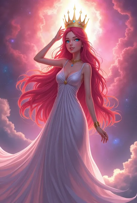  Girl with vibrant red hair very long and wavy,  blue eyes , crown of the universe , and a long shiny dress , in a pink galaxy ,  anime style,  she is a goddess and the queen of the universe ,  stretching her hand to the sky to reach her crown 