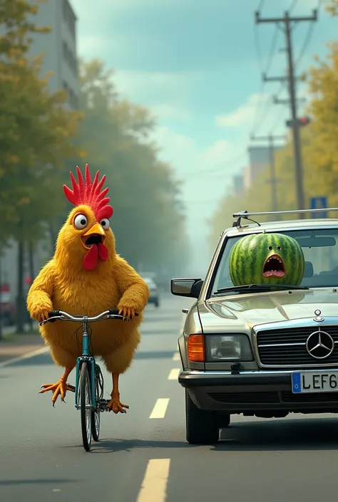  a watermelon crosses unexpectedly in front of the chickens car on a bicycle, The chicken brakes suddenly ,  with a panicked expression .  