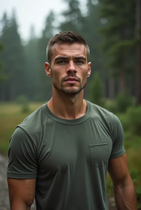 A young guy of European appearance , 23 years old,  with very short hair ,  against the background of Russian nature close-up in a T-shirt,  Tight physique 