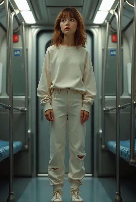 16-year-old girl with brown hair, blue eyes and white sweatpants with hole in 
leg
 Standing on the train with white shoes