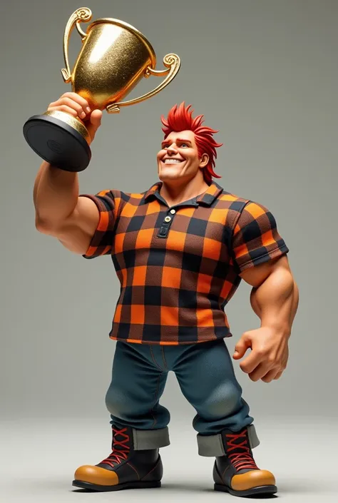 I want to create a 3D mascot of the muscular character Chucky holding a championship cup wearing an orange and black plaid t-shirt