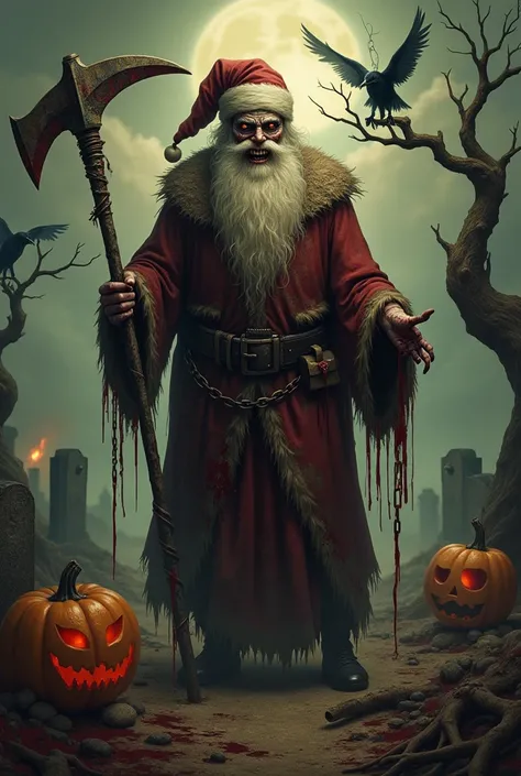 Create an image like this  : 

###  Detailed Description:

**Macabre Santa Claus:**
- **face**:  Santas face is pale and disfigured ,  with a disheveled white beard , bloodstained. Their eyes are yellowish red ,  as if they had been consumed by shadows ,  ...