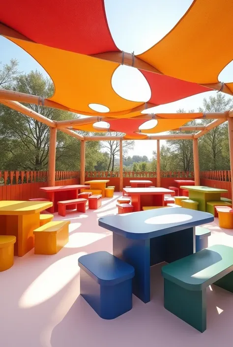 playful outdoor space without walls ,  with geometric tables and geometric benches that in the primary colors . The ceiling is made of fabric and suspended by wooden beams .  the floor has a large white paper that is used for drawing and painting.  this sp...