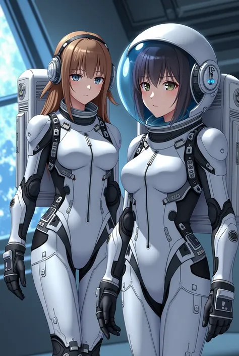 masterpiece, Highest quality, high resolution, newest, 2girls, friends, (group shot):5, (upper body):5, kyoto animation style, detailed, BREAK lunar base interior and exterior, moon surface exploration, lunar landscape, BREAK (white and black mechanical sp...