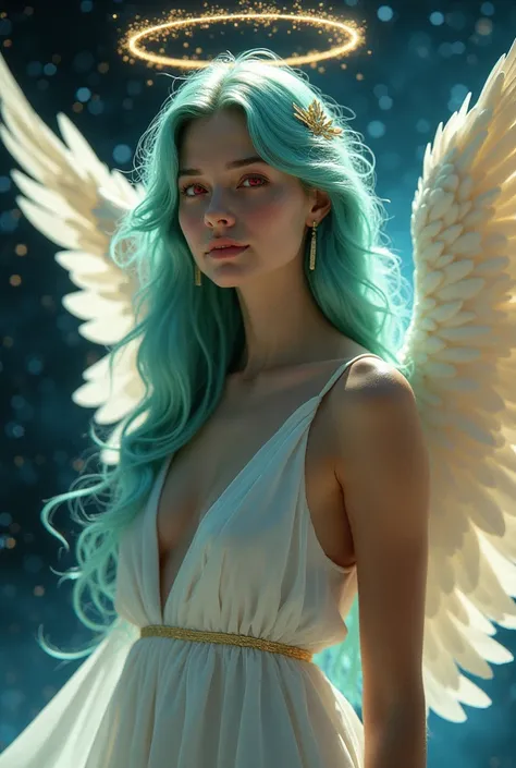 a woman, teal hair, red eyes, smile, angel wings, golden halo, white dress, standing upright, in outer space, Milky Way in the background, stars in the distance, upper body