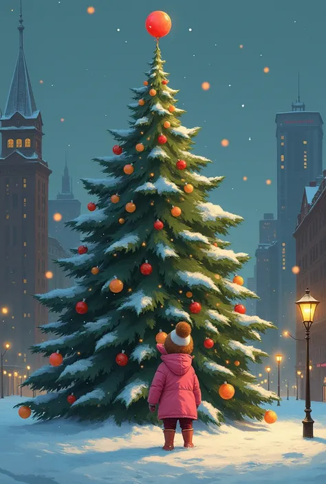  in pink clothes, he takes a balloon off a large Christmas tree against the background of a snowy city in the evening --cref https://www.seaart.AI/explore/detAIl/ct89i45e878c73f7d1d0 --cw100