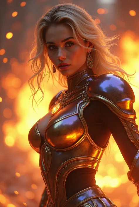 young woman, perfect face, pretty face, colorful eyes, armor, battle pose, blonde hair, black hair, earrings, fire background, shiny armor, shiny eyes, colorful, light pendant, brilliant, golden armor, purple armor, red armor, blue armor, beautiful look, g...