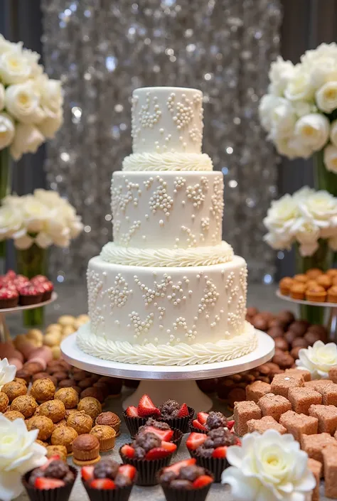 High definition image with a large table with at least 100 candies adorned with some white flowers and a very elegant wedding cake only 1 floor in the center, Around some crystal pieces with candies , being them.  Gourmet brigadeiro in a white chocolate cu...