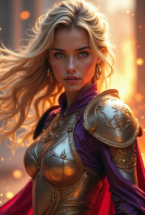 young woman, perfect face, pretty face, hair movement on wind, colorful eyes, armor, battle pose, blonde hair, black hair, earrings, fire background, shiny armor, shiny eyes, colorful, light pendant, brilliant, golden armor, purple armor, red armor, blue a...