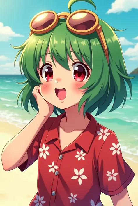 Girl,cute,Anime ,green hair,haircut:Jellyfish, eyes:red,disheveled hair,slightly dark skin,red Hawaiian shirt,Sun-protective glasses,Stuck out her tongue, sly 