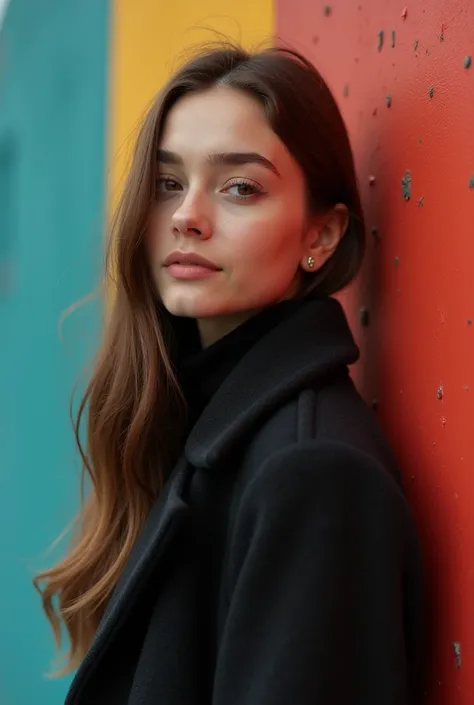 (closeup headshot:1.2), lelastar, a photo of a beautiful woman, perfect long hair, (wearing wool coat, turtleneck jumper:1.2),,,, (simple colorful background:1.2), (cinematic, film grain, movie still:1.3), (color picture:1.1), (looking at viewer), shot wit...