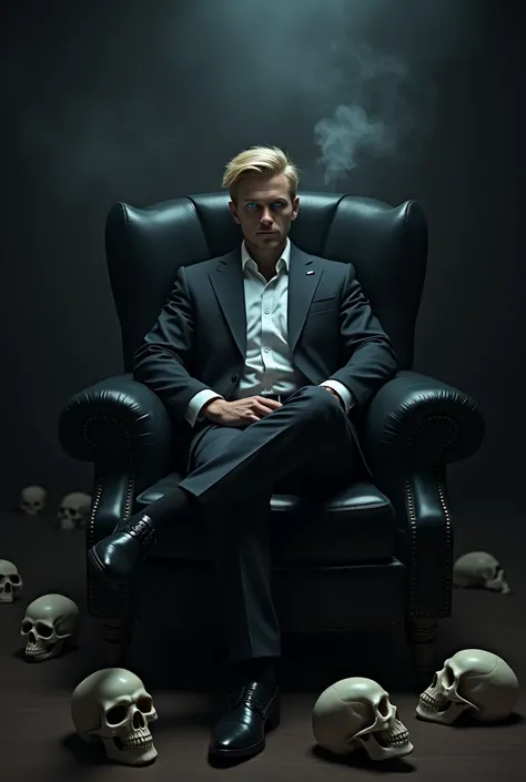  Show me a blond man with blue eyes ,  with a bad face , suit dress.  Hes sitting on a black leather couch and hes smoking.  Theres smoke around him and skulls on the floor . The light is very dim, almost nil .  Hes comfortable in his very handsome armchai...