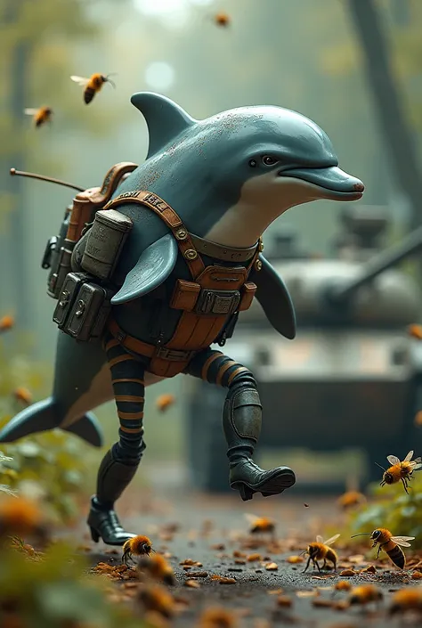 Cyber realistic 
Full dolphin with cartoon legs in French military uniform Army 12th Cuirassiers with bees in the background a Leclrec tank in the forest
Annoyed face running with a smoker
Slower profile frame