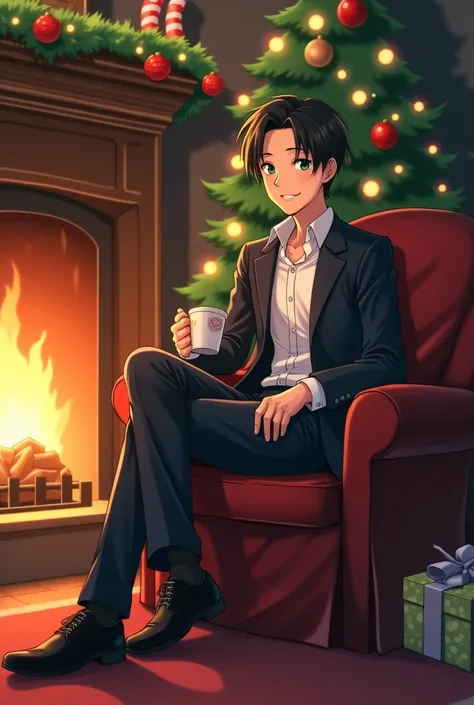 Levi Ackerman mens anime smiling green eyes short black hair formal suit dark red full formal white shirt black shoes sitting by the fireplace drinking coffee in front of the Christmas pine decorated full body anime style 