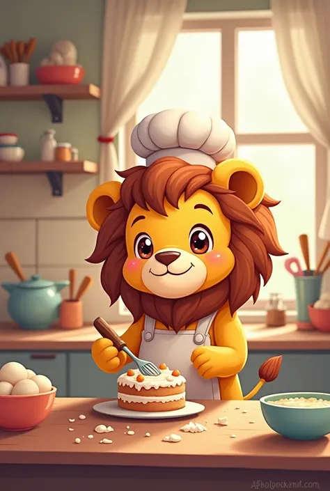 cartoon of a cuddly lion making cake