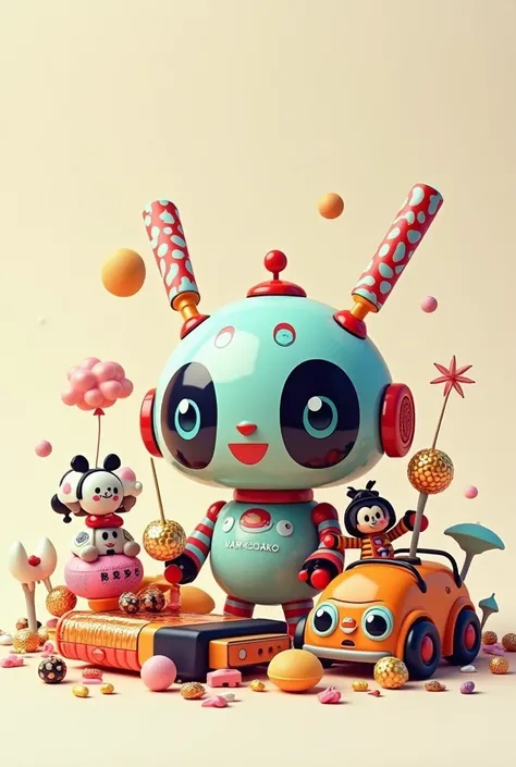 Create a cover about a cute Japanese toy, a cute robot doll, a game, press a car, a gun, candy, a figure, put a pile of them together on the ground in the middle.