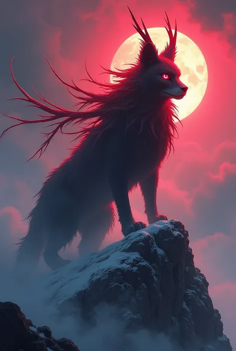 photo représentant le lynx de shadow fight 2 version plus realiste au sommety dune montagne avec des griffes en sang et une aura noir tournant autour de lui. une pleine lne se tient derriere lui et il a un regarde avec les yeux rouges