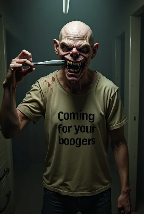 booger monster picking his booger. he’s really gross. he has a shirt that says “coming for your boogers” - he looks genuinely scary and ready to feast on your boogers. he’s holding utensils