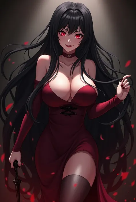 You can make an anime girl with long black hair and with a big sexy body look like a sexy killer and have red eyes 