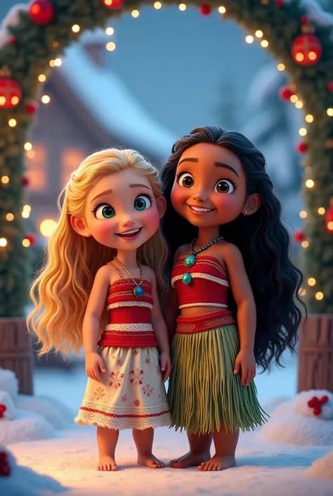 Little blonde girl with colored hair and green eyes next to Moana from the movie Moana 2, Christmas theme, happiness