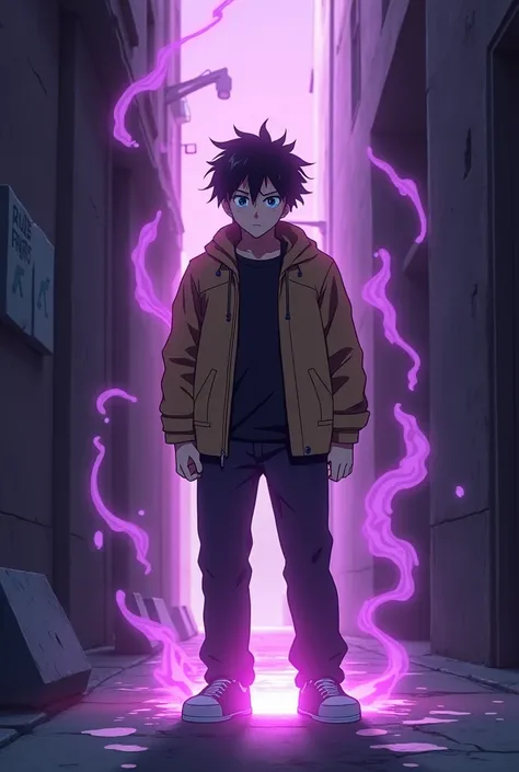 create an image of an anime man who is picking up a pendant from the ground. As he picks up this pendant a purple light engulfs him and transports him to an alleyway. The anime guy should be wearing a tan jacket and a black shirt with pants. The purple lig...