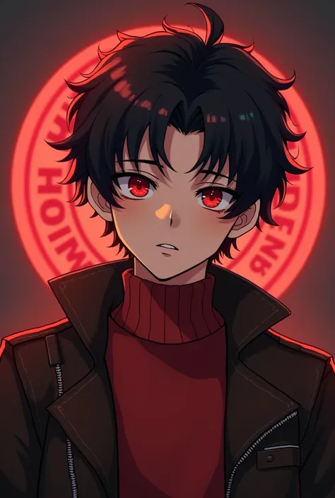  A man with red eyes ,  dark brown leather , dark brown curly hair ,  red sweater.  In the background of the image, a logo with the inscription THUMBS EDITION in the Minecraft anime style 