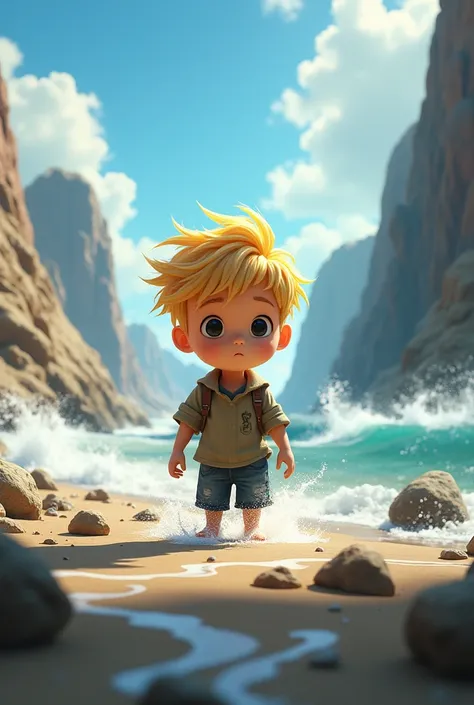 An animated image of a  blond boy with black eyes who is in a large valley where everything moves with great speed, the winds, the waters, even the stones.