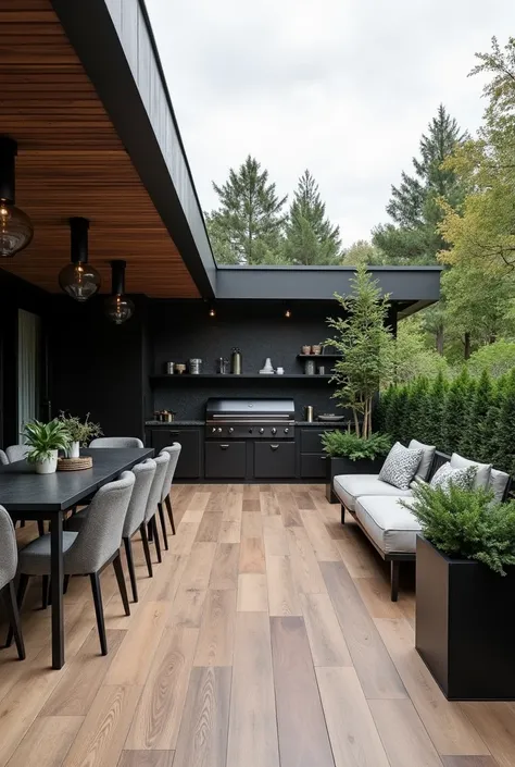 Outdoor gourmet area with rustic and industrial design, gray furniture, black granite countertops, porcelain flooring imitating wood, black appliances, plants in modern pots