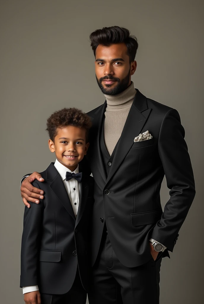 a very handsome mixed-race man,  with honey-colored eyes , strong, very handsome with his four-year-old mixed-race son like him, both wearing a tailor-made suit